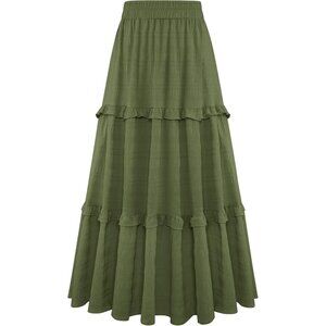 Women's Green Casual Elegant A Line Flowy Ruffle Tiered Long Pockets Maxi Skirt